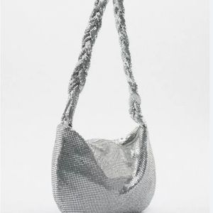 Zara Sparkly Sequin Mesh Silver Shoulder Bag
